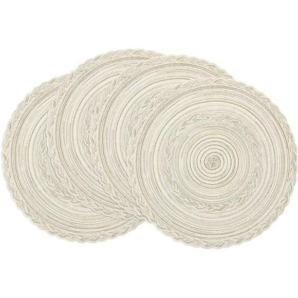 Round Placemats Set of 4 Braided Placemats Bordered  (Ivory Bordered, 4) - Picture 1 of 7